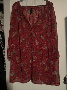 Pure Energy Red Floral Long Sleeve Peasant Top